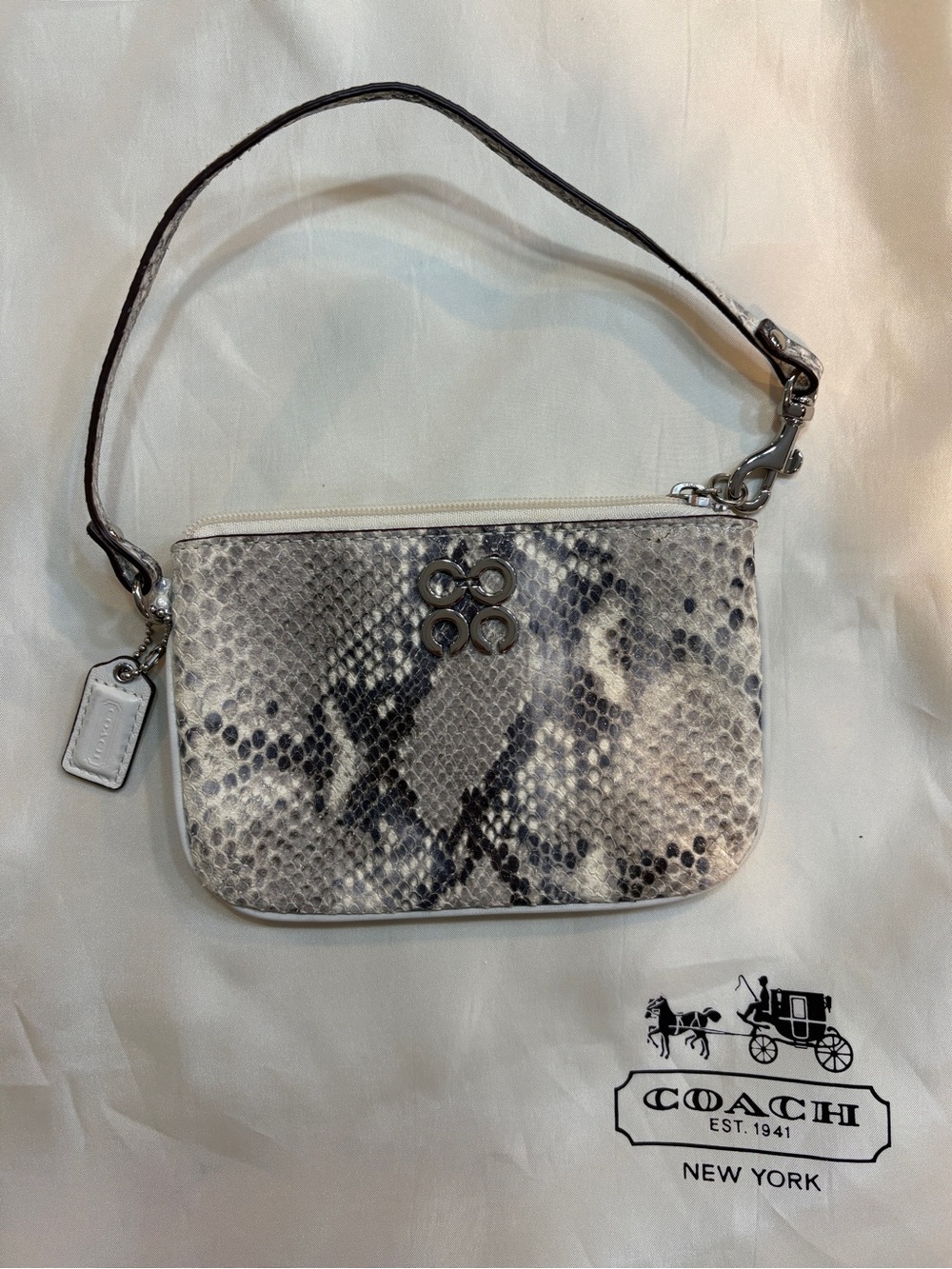 Coach Snake-Print Leather Wristlet in Gray and Cream